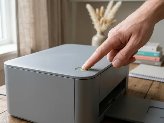 A finger pressing the power button on a gray printer with a green status light