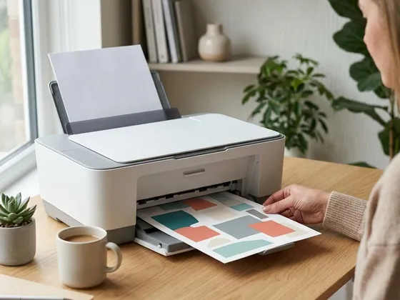 A test page with color blocks sliding out of a printer output tray