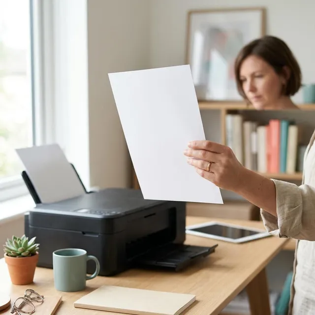 A hand holding up a completely blank sheet of paper taken from a printer