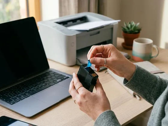 Fingers pulling a protective plastic strip off a new ink cartridge