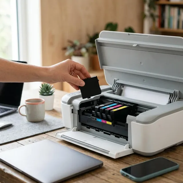 A hand holding an unlabelled ink cartridge above an open printer carriage
