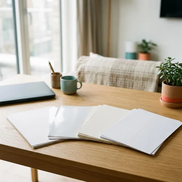 A fan of different paper types: matte, glossy photo, cream cardstock and plain white