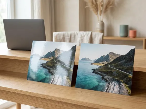 The same landscape photo printed on glossy and matte paper side by side