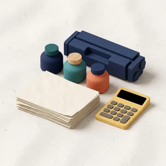 Illustration of printed pages, unlabeled ink bottles, a toner cartridge and a calculator on a desk