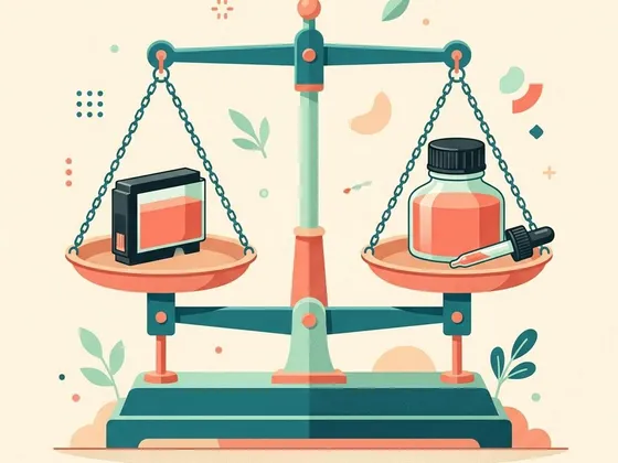 An unlabeled ink cartridge and an unlabeled ink bottle balanced on a scale