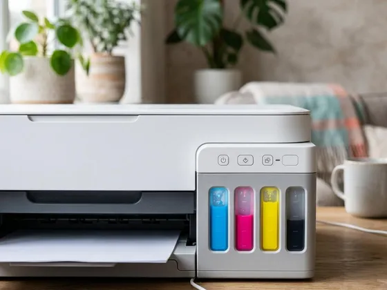 Front of an ink-tank printer showing four translucent tanks at different ink levels