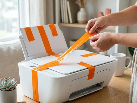 Hands peeling orange protective tape off a new white printer