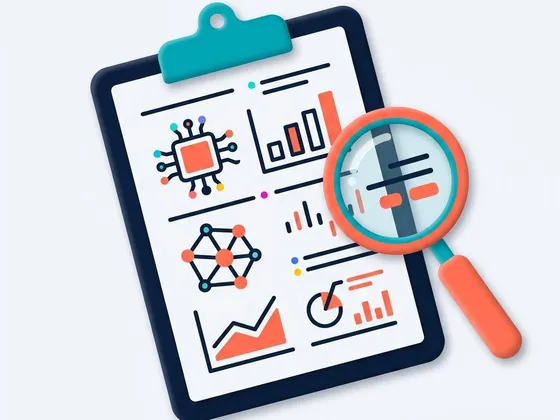 Illustration of a clipboard with a spec sheet of lines and icons next to a magnifying glass