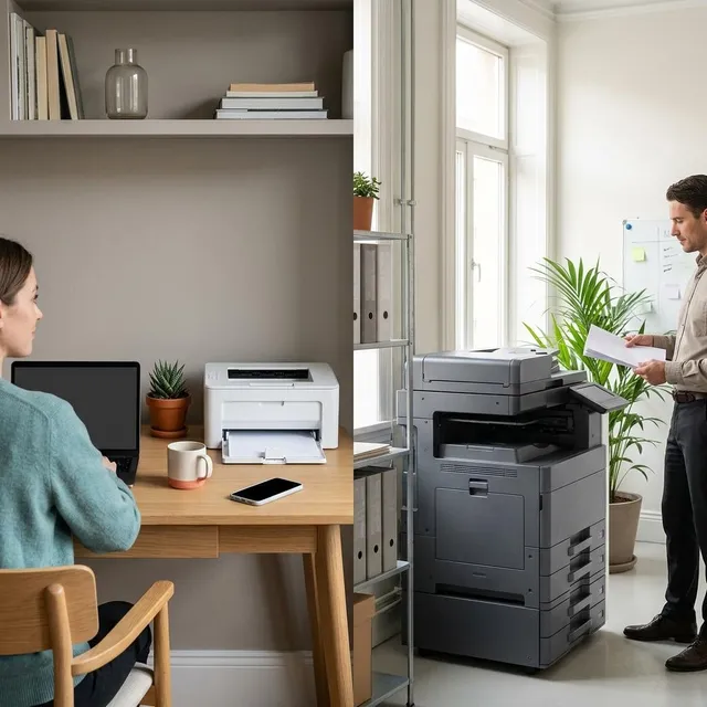 Split scene of a home desk with a compact printer and a small office with a larger printer