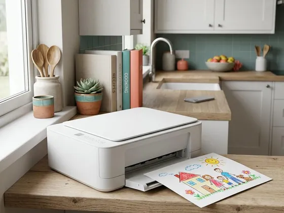 A compact printer on a shelf in a family kitchen with a child's drawing printout beside it
