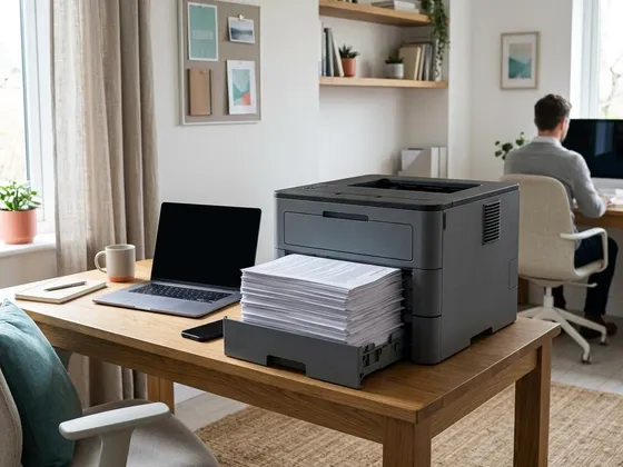A larger office printer with a full output tray in a small shared workspace