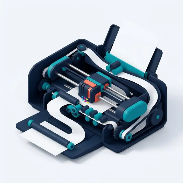 Illustration of a printer shown in cross-section with paper moving through rollers