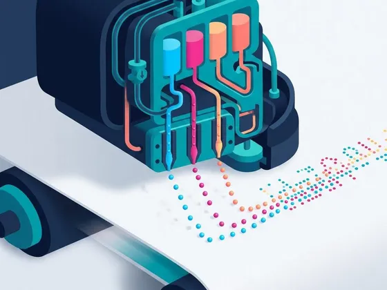 Illustration of a printhead firing tiny droplets of cyan, magenta and yellow ink onto paper