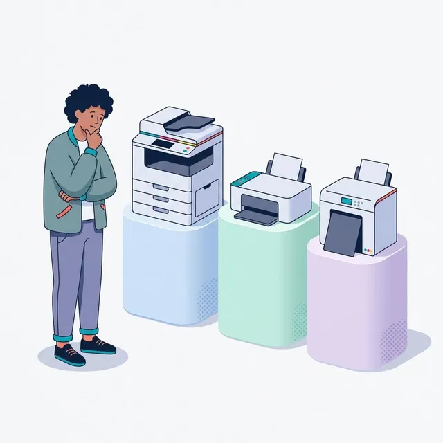 Illustration of a person comparing three different printers on pastel pedestals