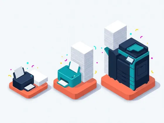 Illustration of three printers of increasing size beside paper stacks of increasing height