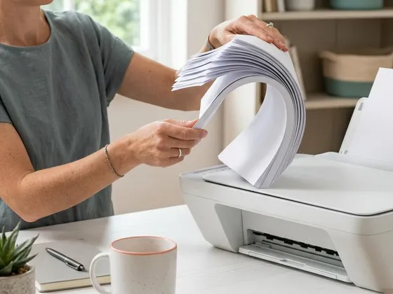 Hands fanning a stack of plain white copy paper before loading
