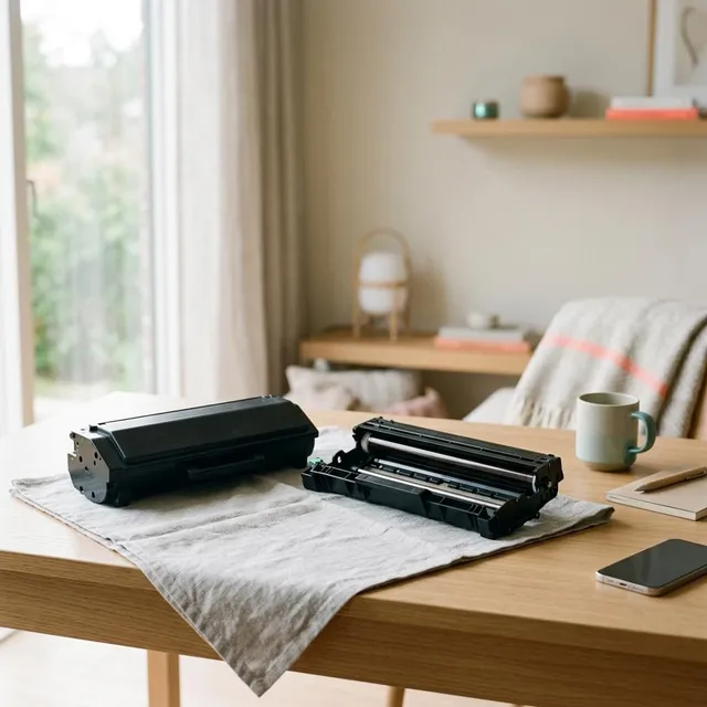 A black toner cartridge and a separate drum unit resting on a clean cloth