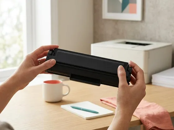 Hands gently rocking a black toner cartridge side to side, held level