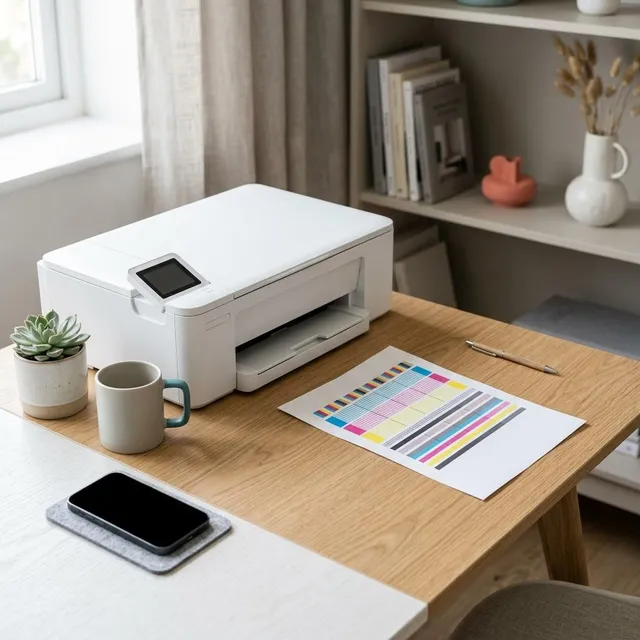 A nozzle check printout with color line grids on a desk beside a white inkjet printer