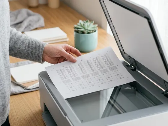 A printed alignment sheet being placed face down on the scanner glass of an all-in-one printer