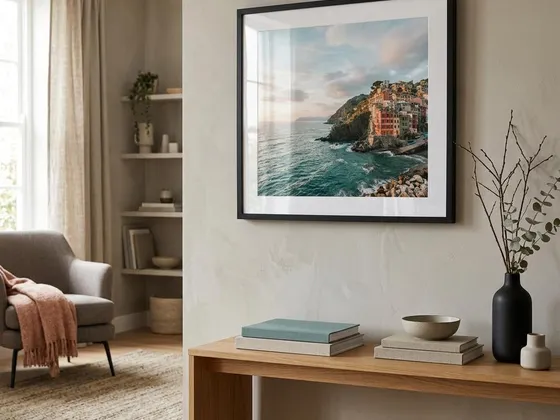 A framed landscape photo print hanging on a wall above a side table