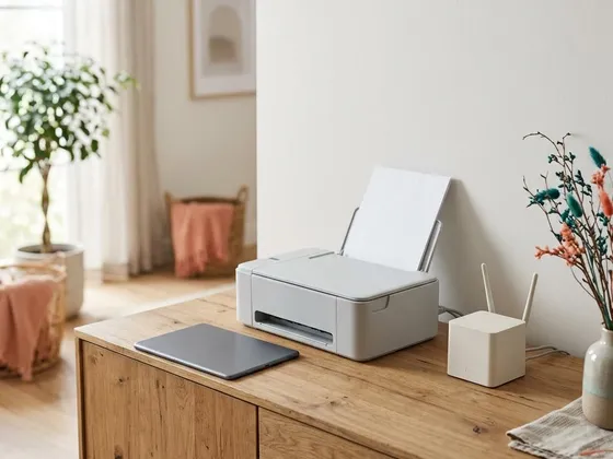 A tablet, a compact printer and a small wireless router together on a wooden sideboard