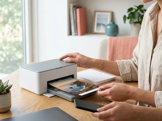 A printed landscape photo coming out of a small printer while a person holds a phone