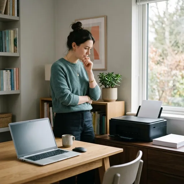 A person waiting beside a silent printer with an empty output tray