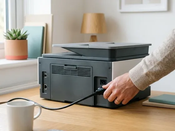 A hand unplugging the power cord from the back of a printer