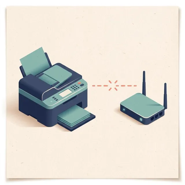 Illustration of a printer and a router with a dashed, broken line between them
