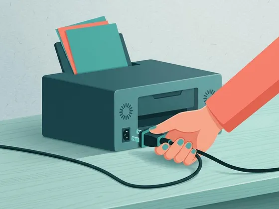 A hand plugging a power cable into the back of a plain printer