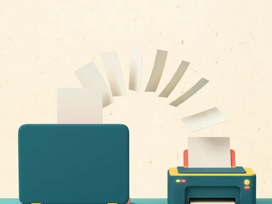 A laptop seen from behind with a small stack of paper sheets floating towards a printer