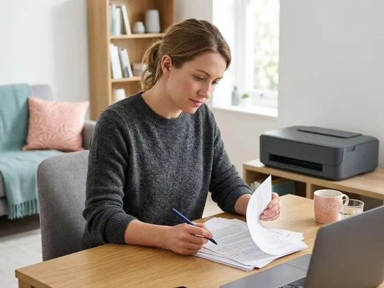 A person reviewing printed draft pages with a pen before printing the final copy