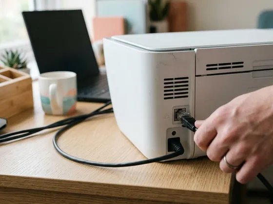 An Ethernet network cable being clicked into the back of a printer