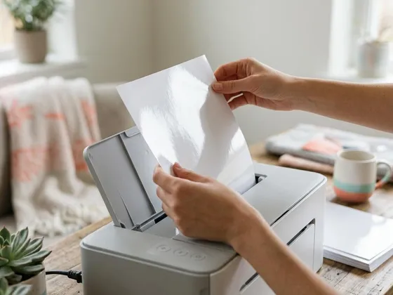Hands loading glossy photo paper the correct way round into a printer tray