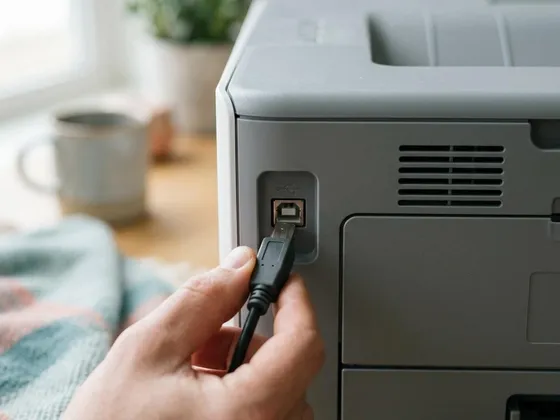 A square USB-B plug being pushed into the port on the back of a printer