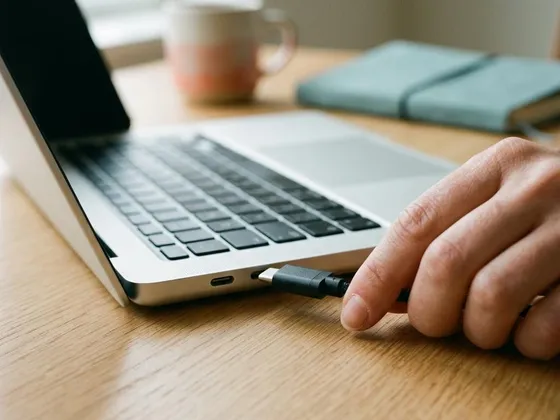 A USB cable being plugged into the side port of a laptop