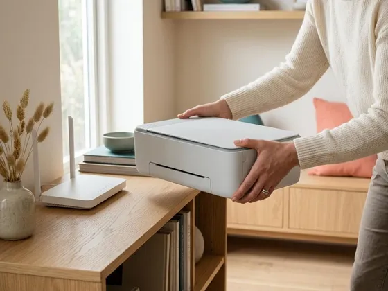 Hands carrying a compact printer to a shelf closer to a wireless router
