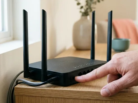 A finger pressing the button on the back of a black wireless router