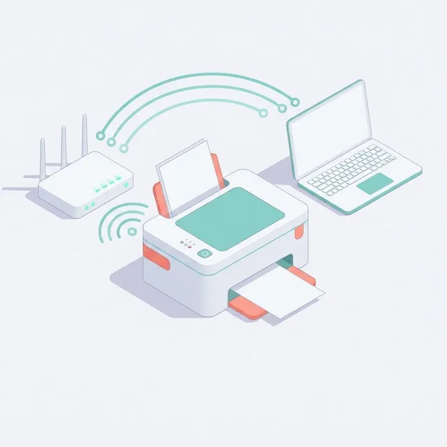 Illustration of a white printer linked to a router and a laptop by curved wireless signal arcs