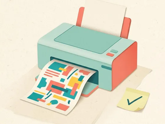 A printer sliding out a freshly printed page of colorful blocks beside a sticky note