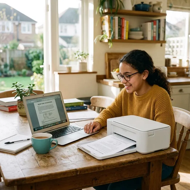 A student at a kitchen table printing a page from a small white printer