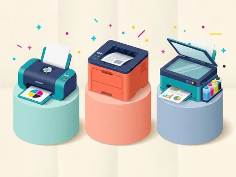 Illustration of three different printer styles on pastel pedestals