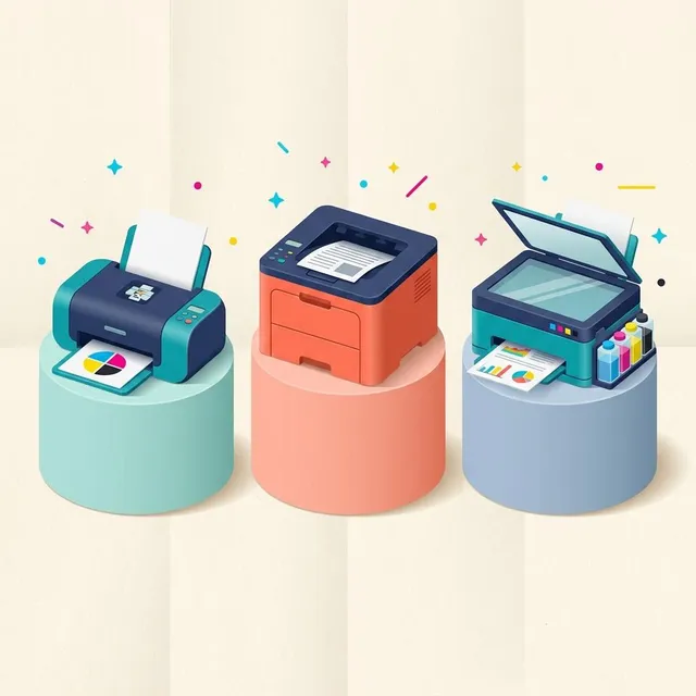 Flat illustration of three different printer styles standing on pedestals