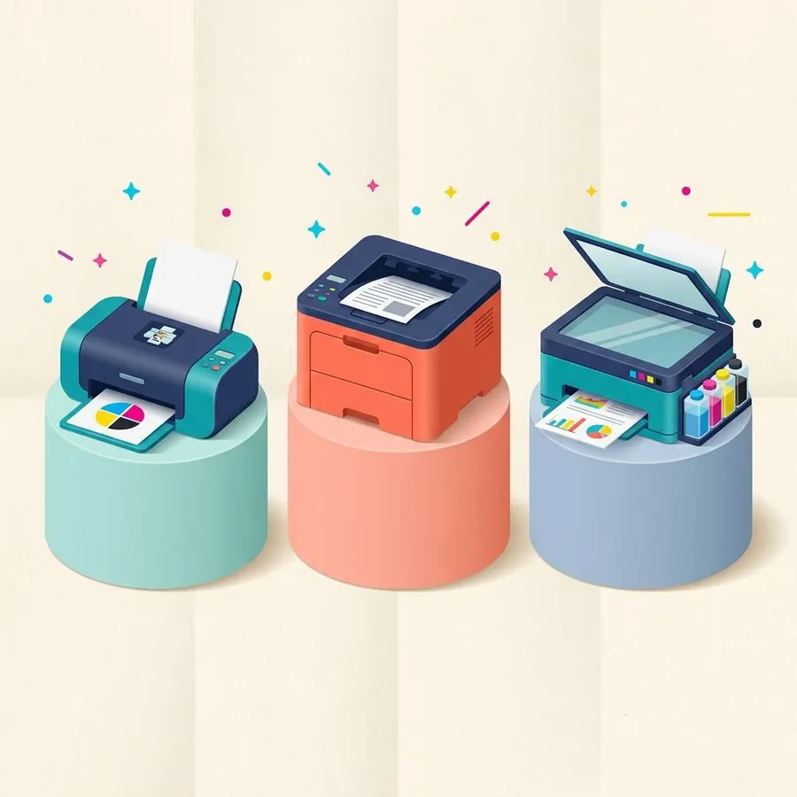 Flat illustration of three different printer styles standing on pedestals