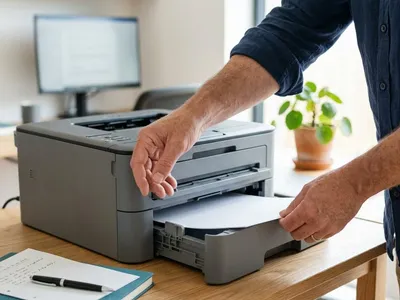 Hands checking the paper path of a printer