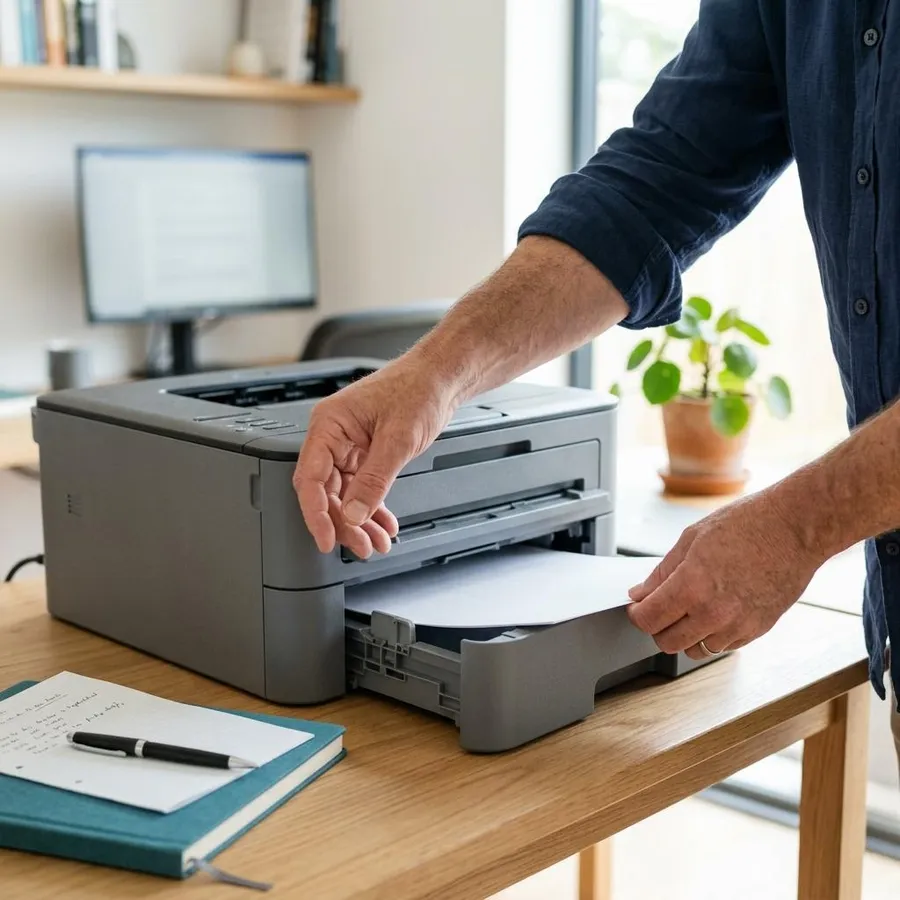 Hands opening the front paper tray of a plain grey office printer