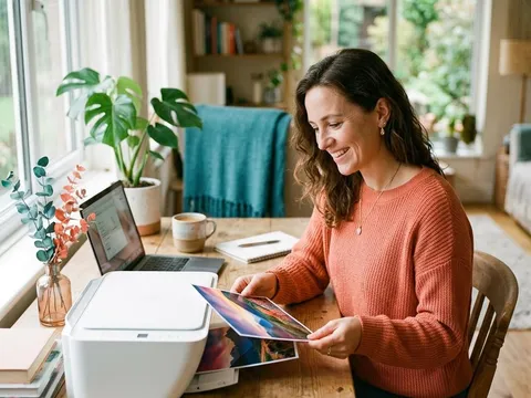 A person holding up a freshly printed color photo at home