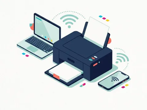 Illustration of a printer, laptop and phone joined by wireless signal arcs
