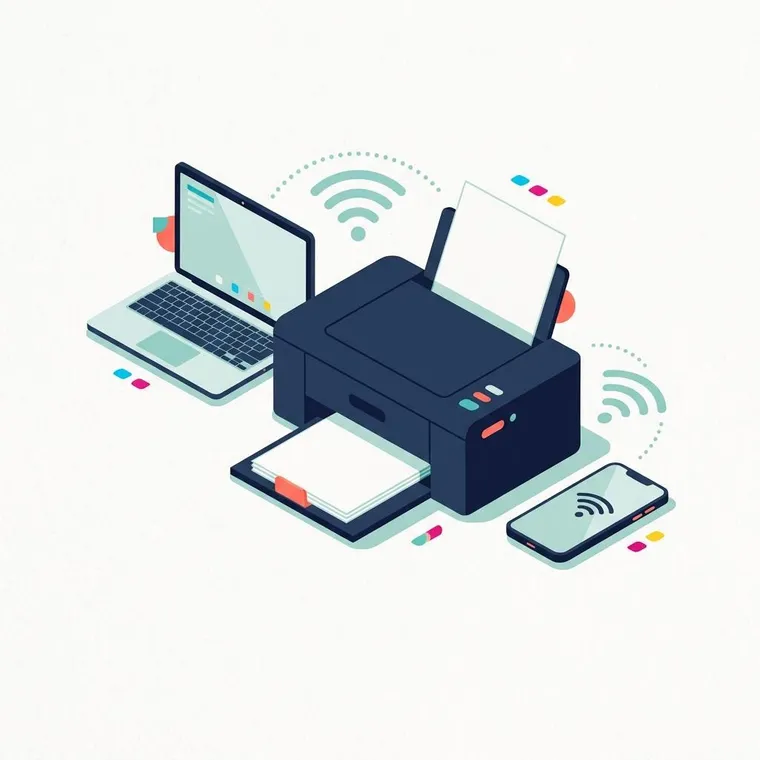 Illustration of a printer, laptop and phone joined by wireless arcs